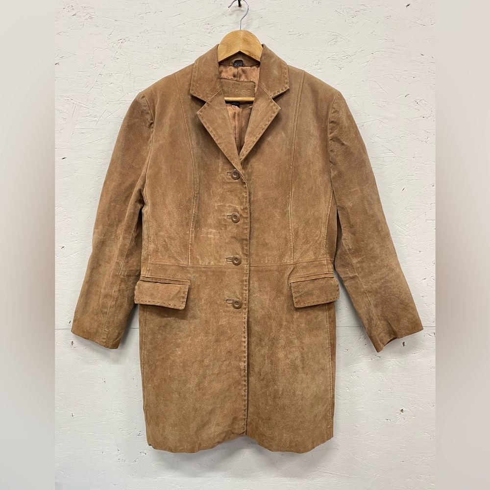 Vintage Y2K Nuage Tan Suede Leather Long Coat, Size L